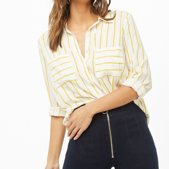 Forever 21 Tops - F21 Striped Yellow and White Curved Hem Shirt